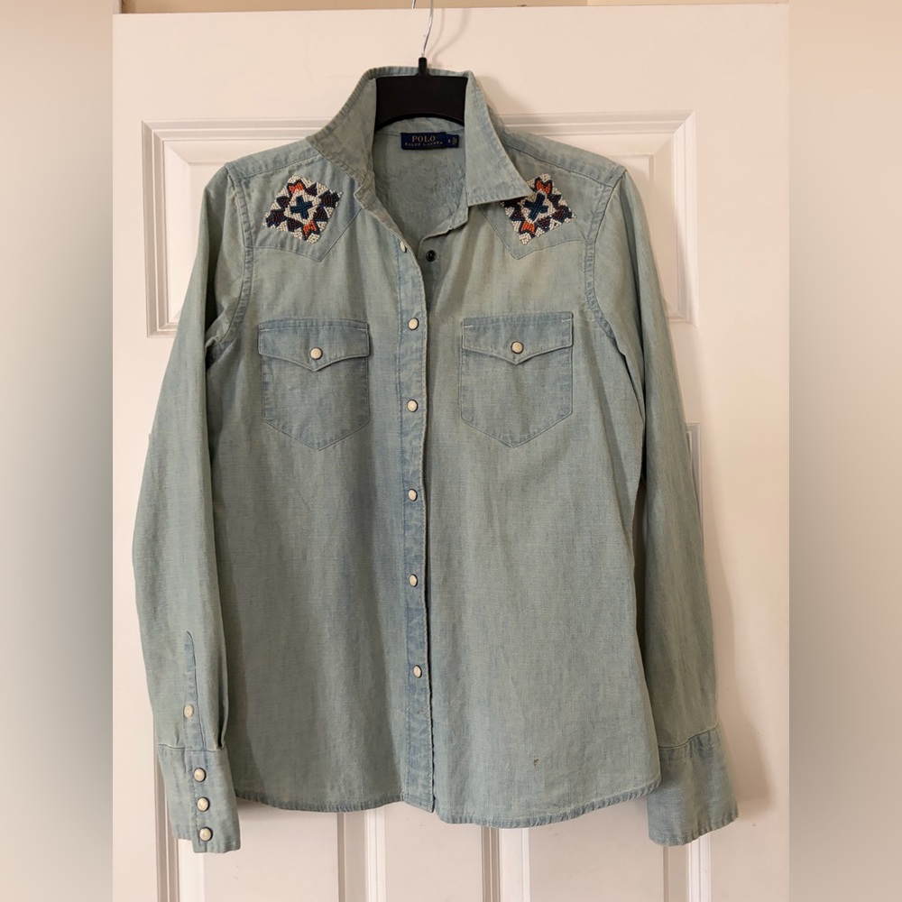Polo Ralph Lauren Light Wash Denim Western Shirt with beaded design Yokes